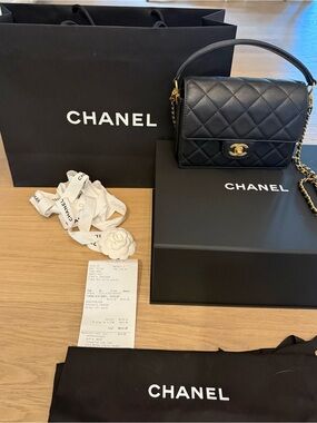 CHANEL Black Quilted Mini Top Handle Bag with Gold Hardware and Chain Strap